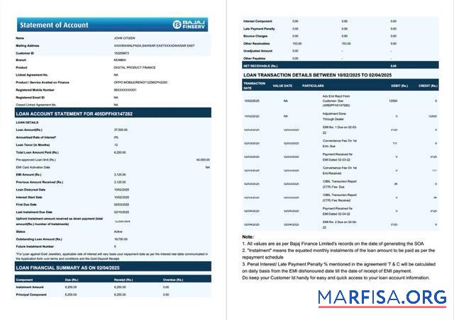 Realistic India Bajaj Finserv statement of account word 2 pages sample